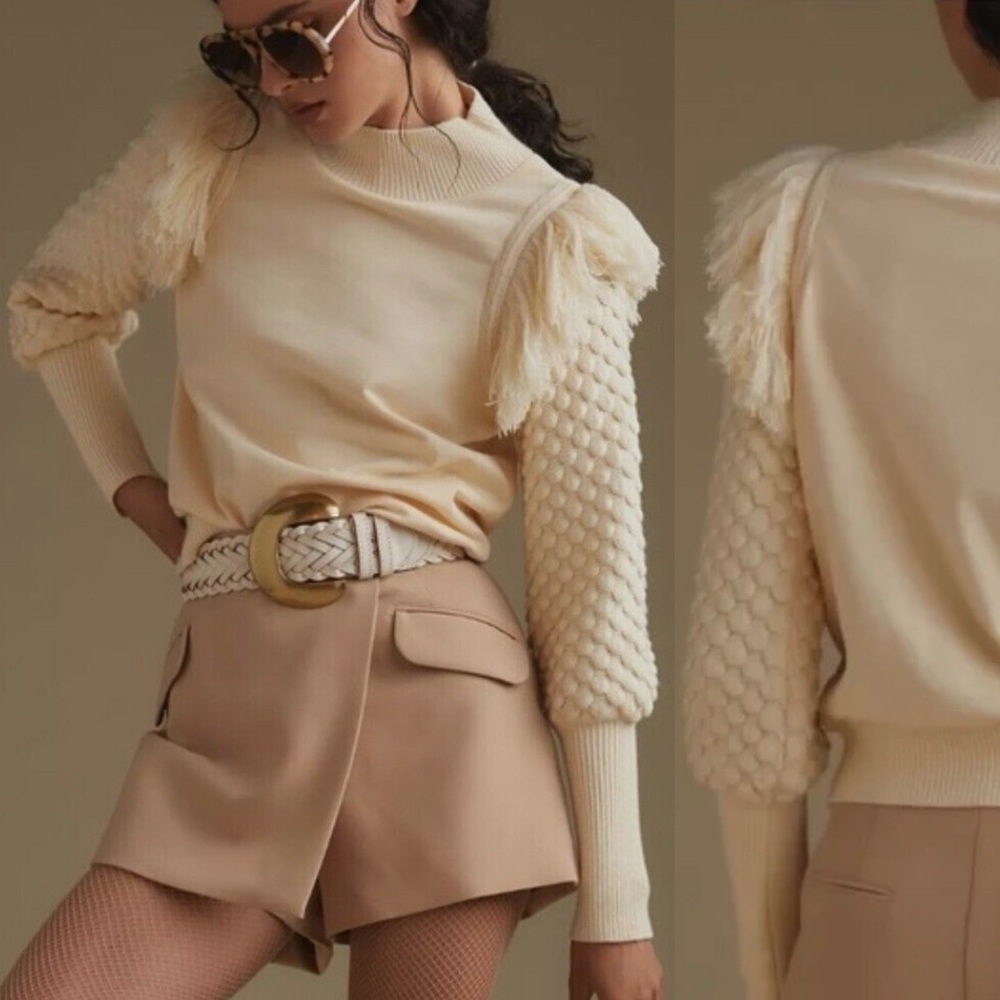 ANTHROPOLOGIE Dolan Boho Fringe Textured Cream Sweater